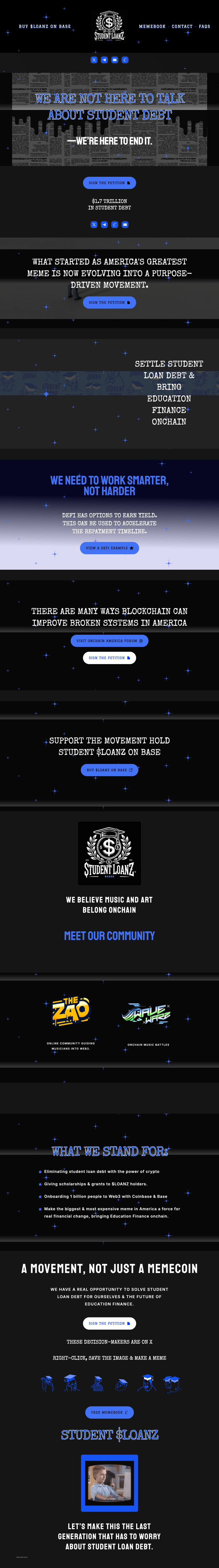 Full-page capture of the Student Loanz landing page with petition, community, and mission sections